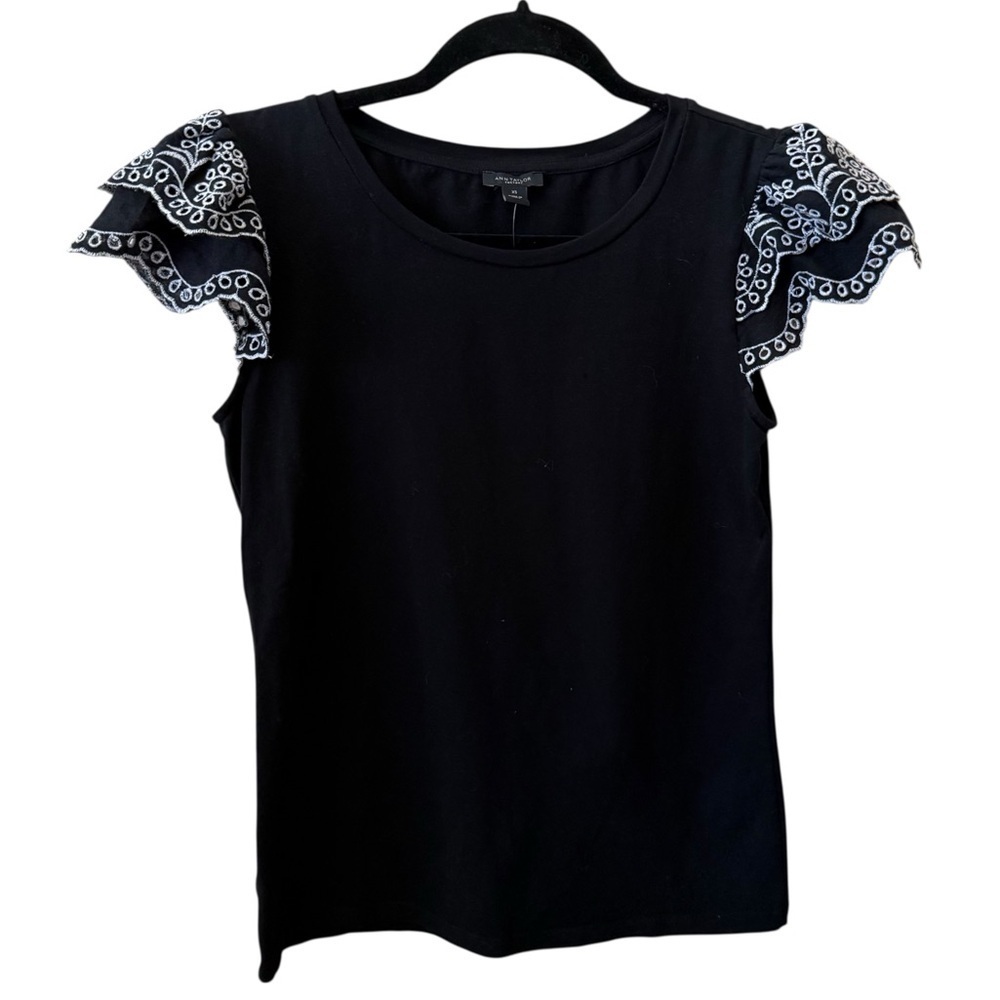 49. Ann Taylor Black Embroidered Ruffle Sleeve Top – Size XS